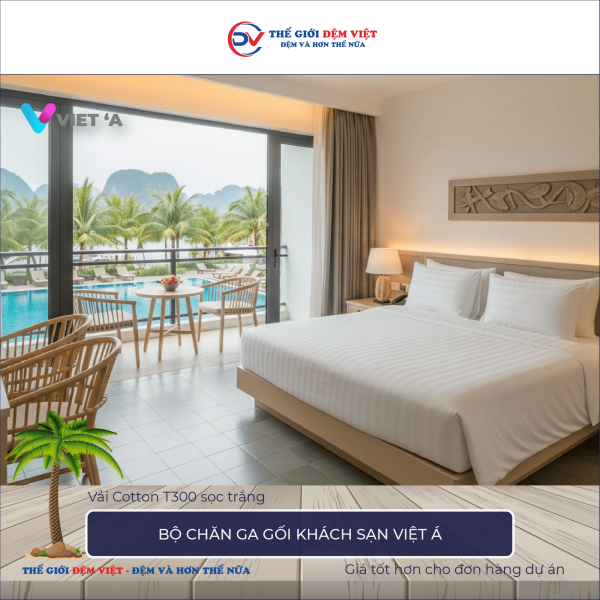 Bộ chăn ga gối khách sạn Việt Á vải Cotton T300 sọc trắng 4